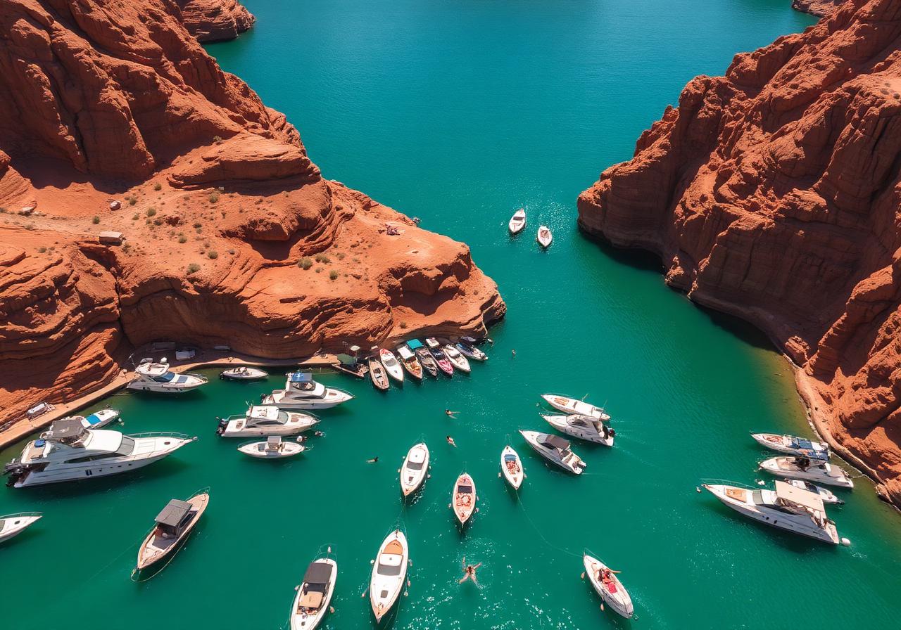 Aerial view of boats anchored at Copper Canyon party cove