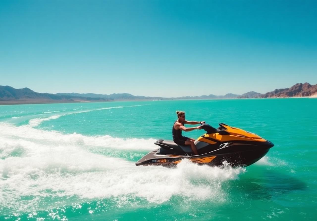 Jet ski racing across turquoise water on Lake Havasu