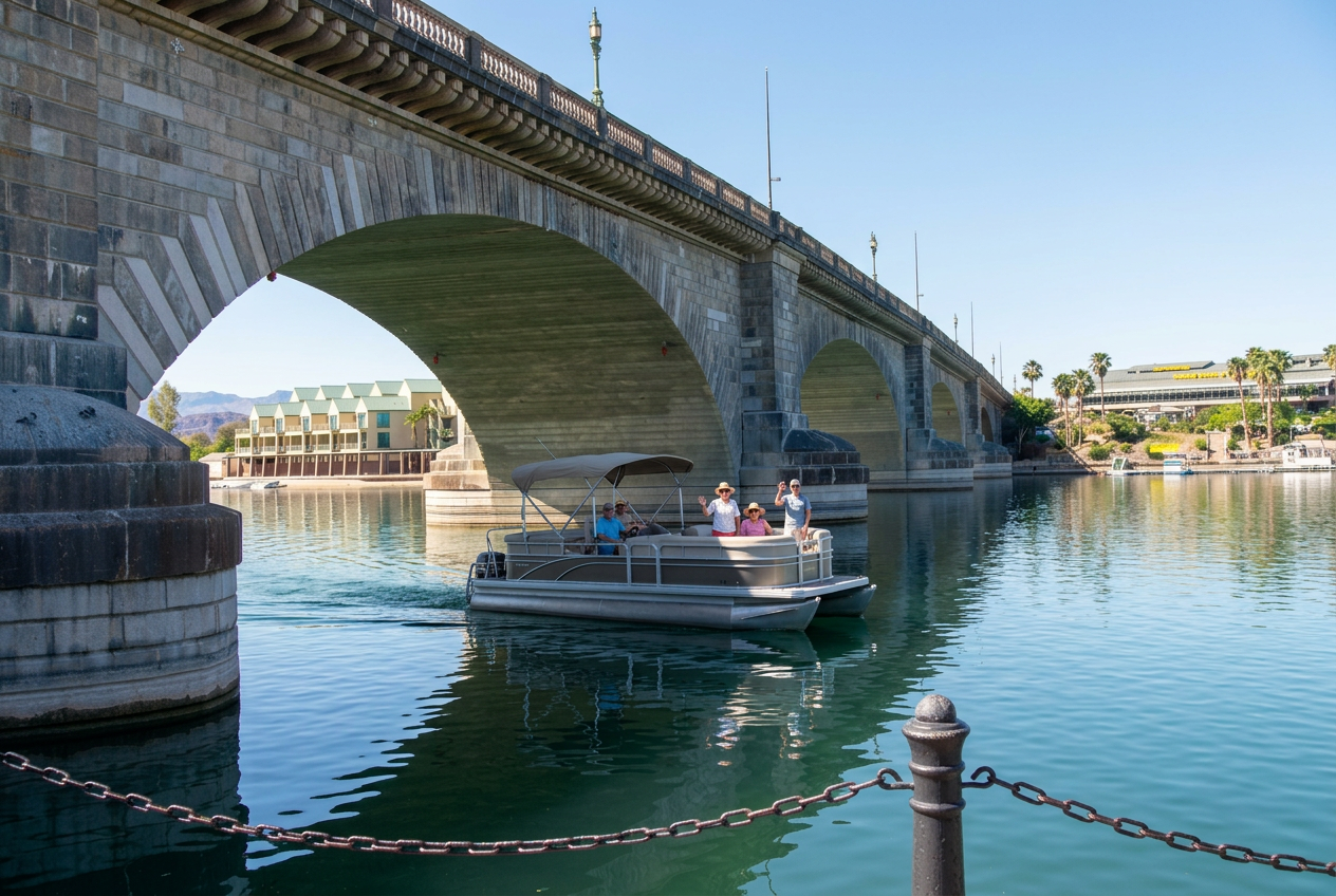 Pontoon boat cruising under the London Bridge in Lake Havasu
