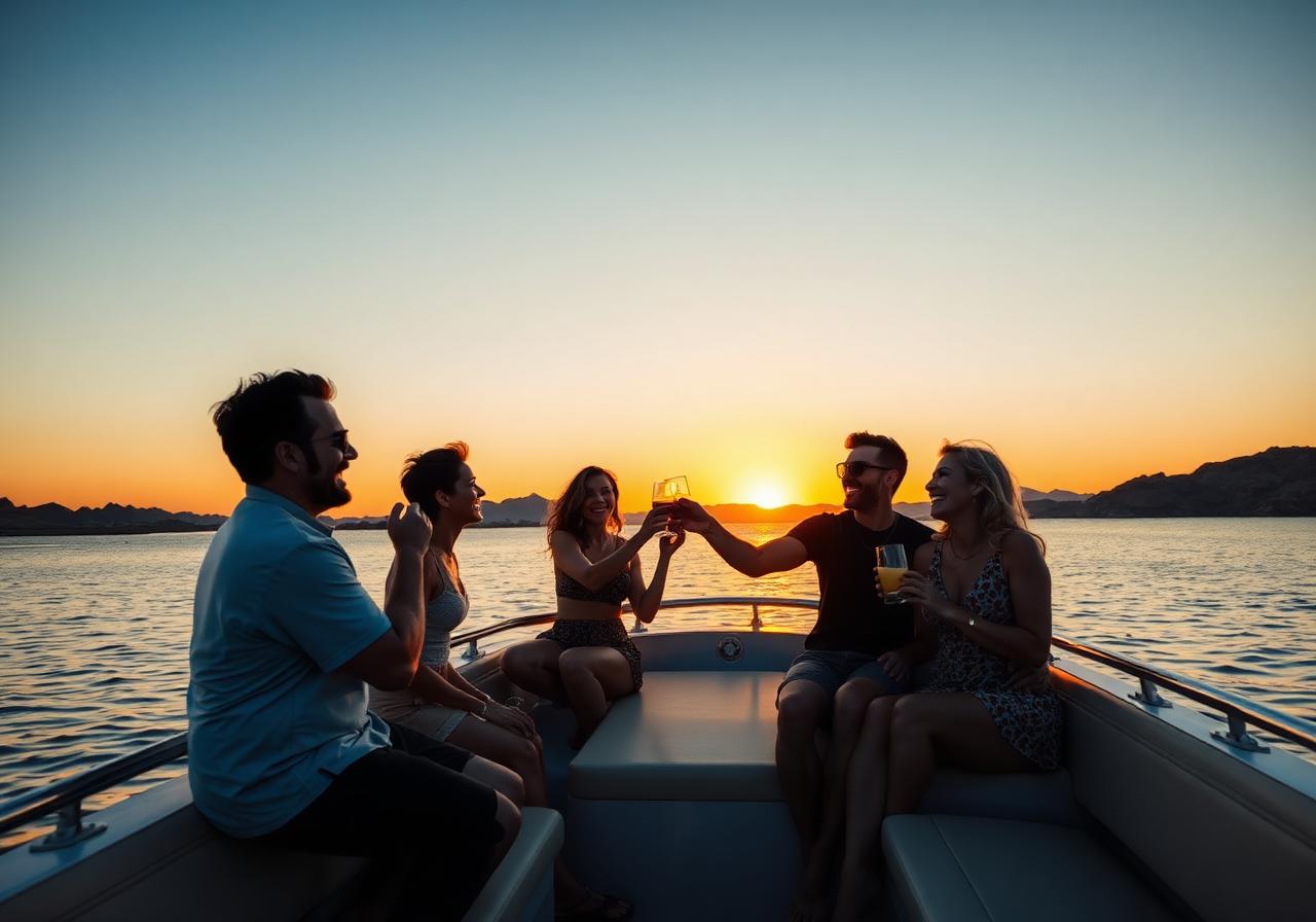 Friends toasting on a pontoon boat at sunset on Lake Havasu